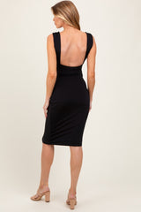 Black Square Neck Ruched Maternity Midi Dress