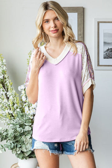 Lavender Floral Lace Inset Short Sleeve Top