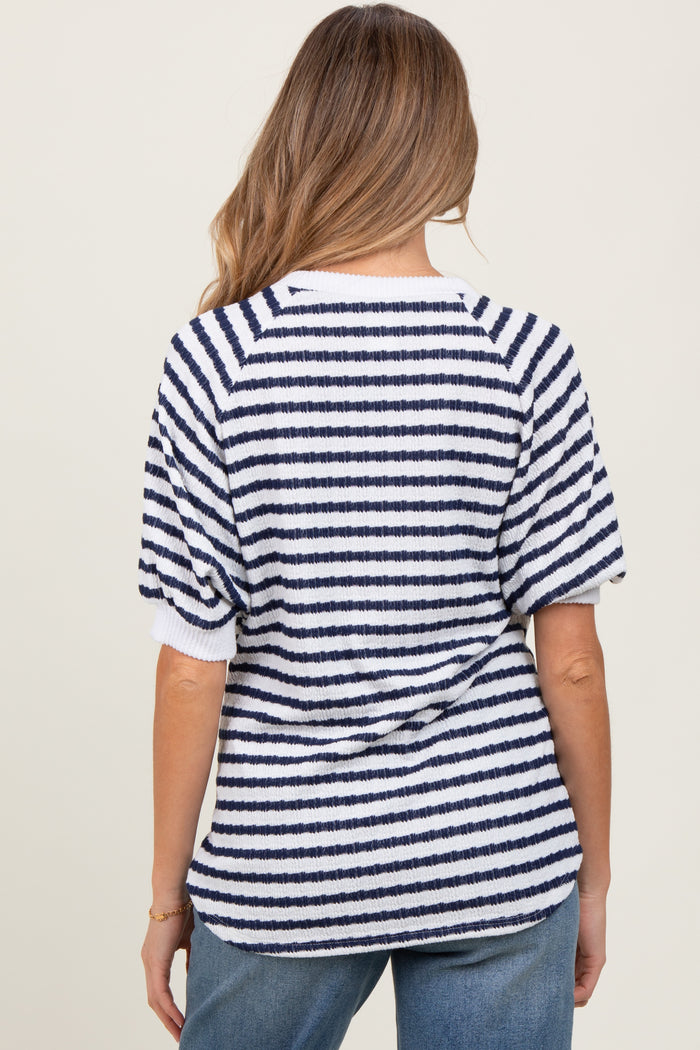 Navy Striped Textured Short Sleeve Maternity Top