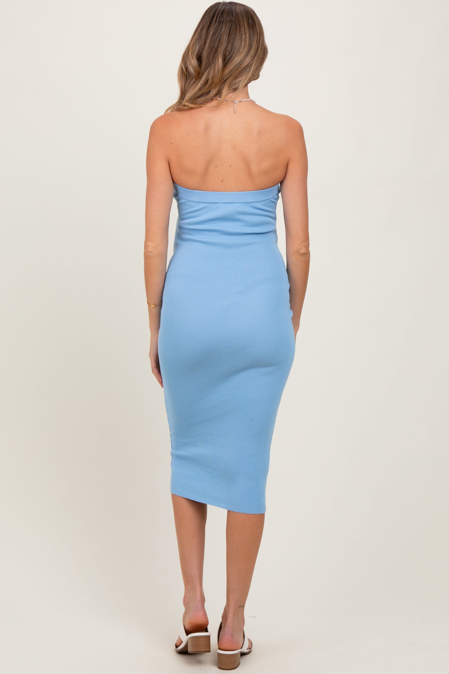 Light Blue Fitted Tube Knit Maternity Midi Dress