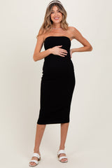 Black Fitted Tube Knit Maternity Midi Dress