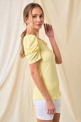 Yellow Ribbed Ruched Short Sleeve Top
