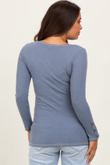Blue Button Detail Maternity Long Sleeve Thermal Top