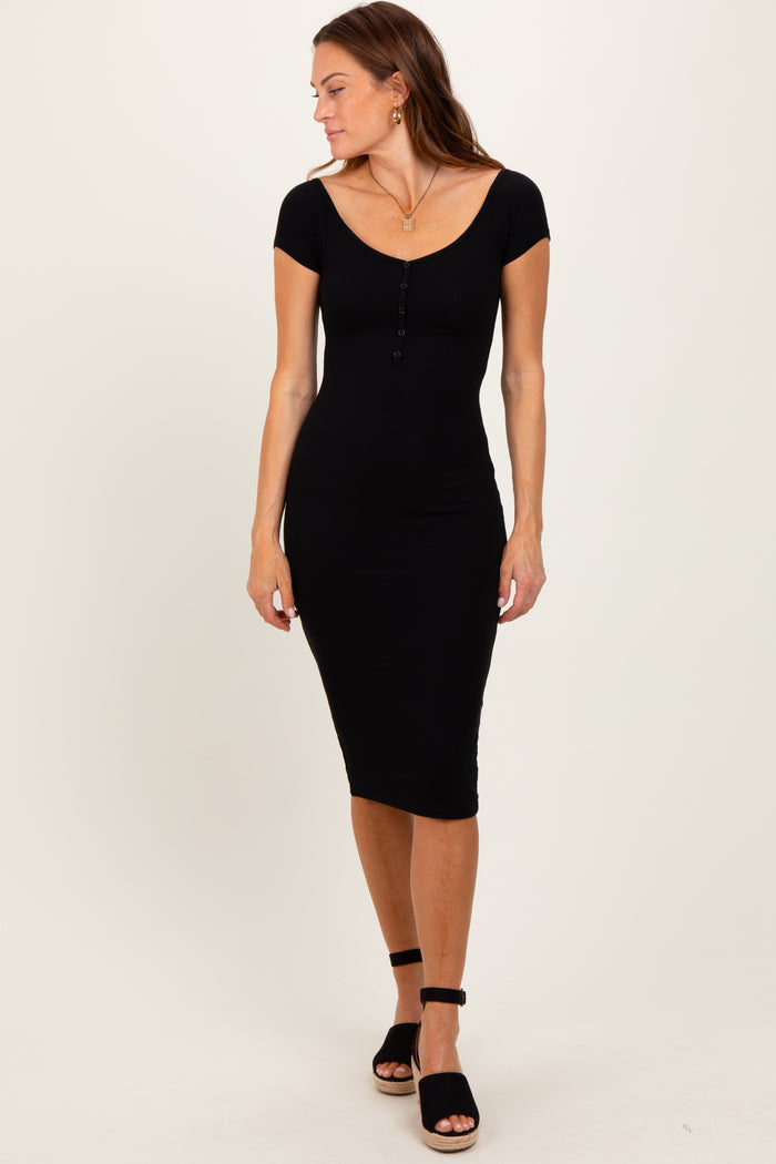 Black Ribbed Wide Neckline Fitted Midi Dress
