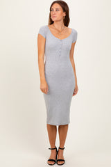 Heather Grey Ribbed Wide Neckline Fitted Midi Dress
