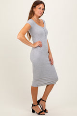 Heather Grey Ribbed Wide Neckline Fitted Midi Dress