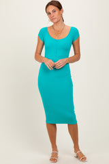 Jade Ribbed Wide Neckline Fitted Midi Dress