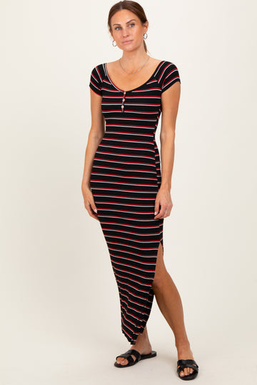 Black Striped Wide Neckline Side Slit Maxi Dress