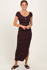 Black Striped Wide Neckline Side Slit Maternity Maxi Dress