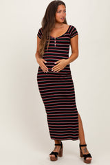 Black Striped Wide Neckline Side Slit Maternity Maxi Dress