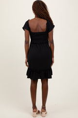 Black Smocked Ruffle Detail Mini Dress