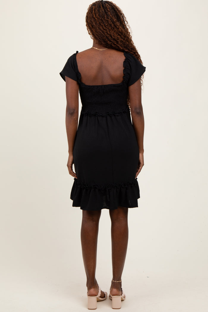 Black Smocked Ruffle Detail Mini Dress