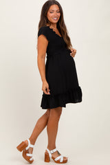 Black Smocked Ruffle Detail Maternity Mini Dress