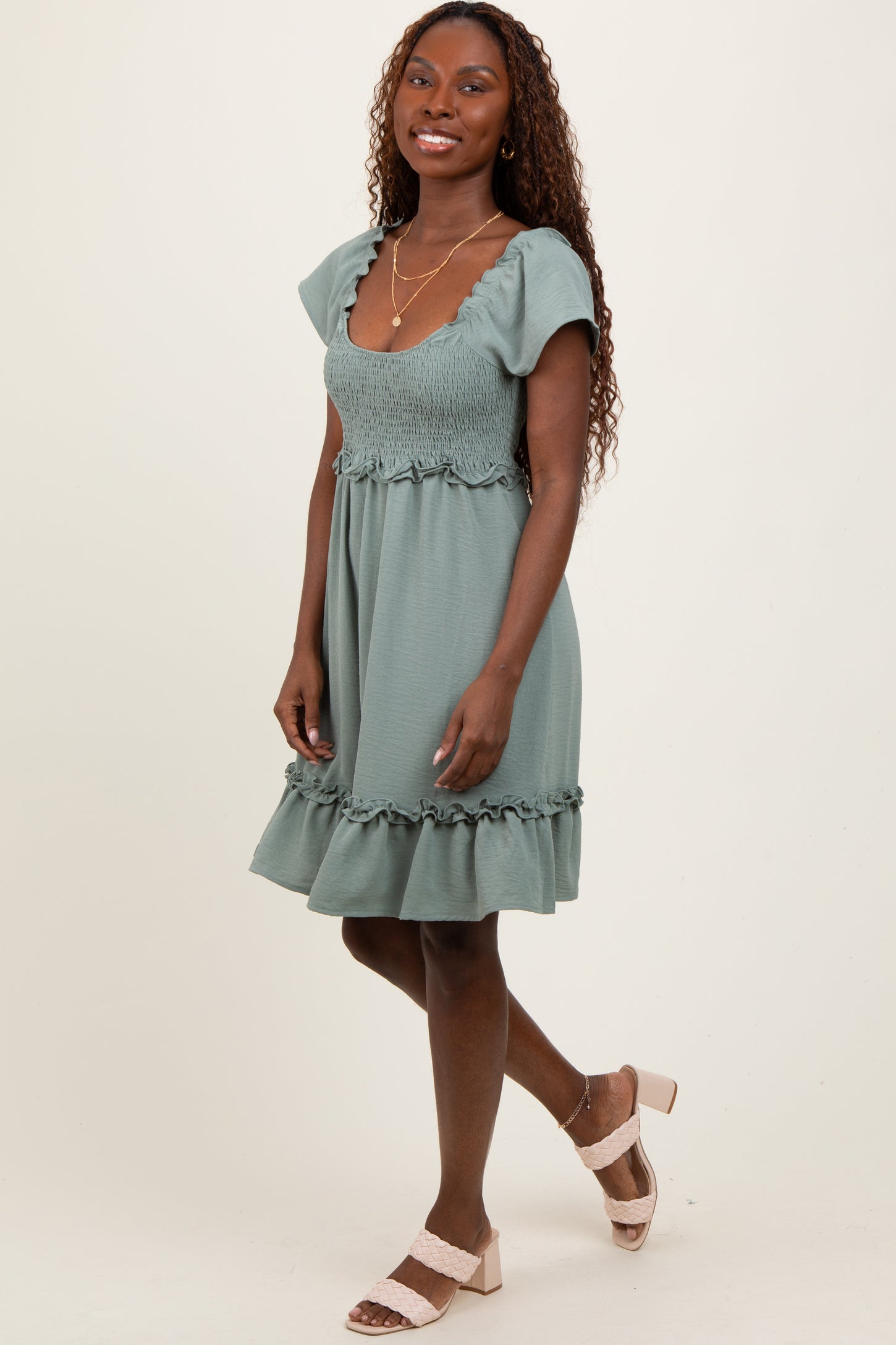 Light Olive Smocked Ruffle Detail Mini Dress