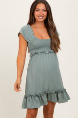 Light Olive Smocked Ruffle Detail Maternity Mini Dress