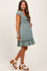 Light Olive Smocked Ruffle Detail Maternity Mini Dress