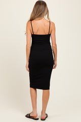 Black Button Detail Thin Strap Fitted Maternity Midi Dress