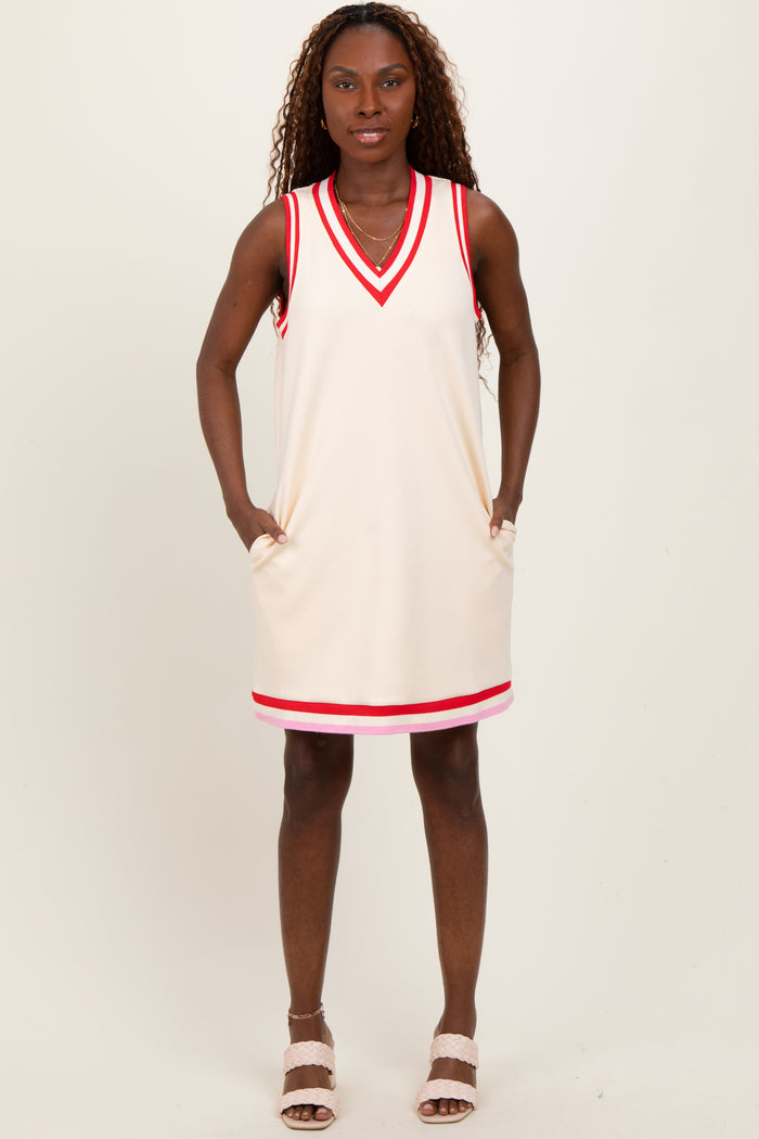 Cream Sleeveless Border Detail V-Neck Mini Dress
