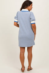 Blue Diamond Print Crochet Trim Maternity Polo Dress