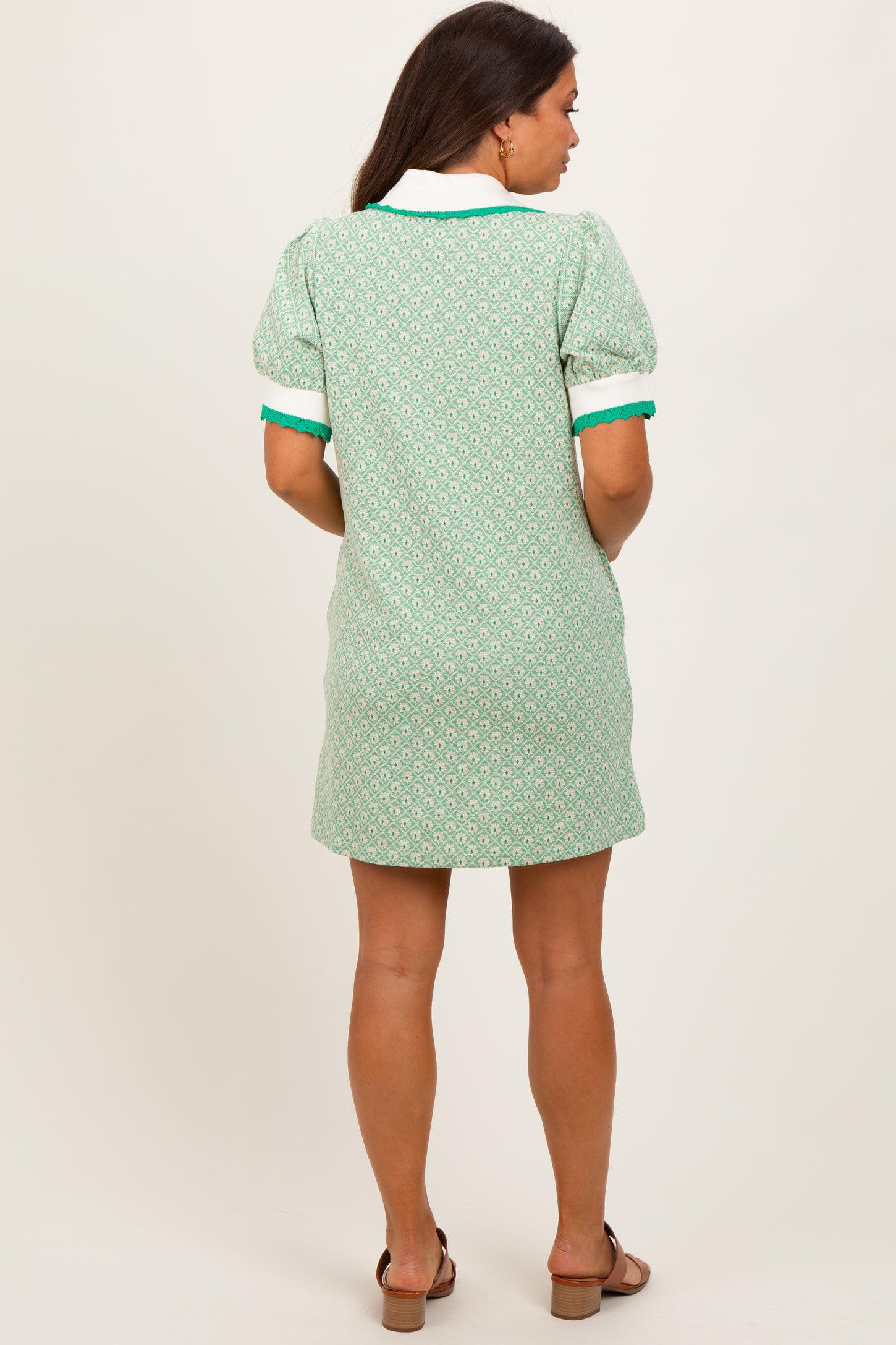 Green Diamond Print Crochet Trim Maternity Polo Dress