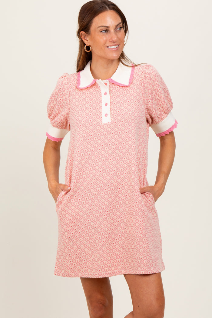 Pink Diamond Print Crochet Trim Polo Dress
