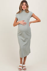 Light Olive Mock Neck Short Sleeve Maternity Midi Dress