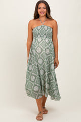 Green Printed Smocked Halter Maternity Midi Dress