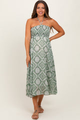 Green Printed Smocked Halter Maternity Midi Dress