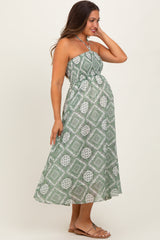 Green Printed Smocked Halter Maternity Midi Dress