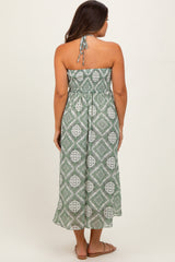 Green Printed Smocked Halter Maternity Midi Dress