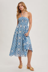 Blue Printed Smocked Halter Midi Dress