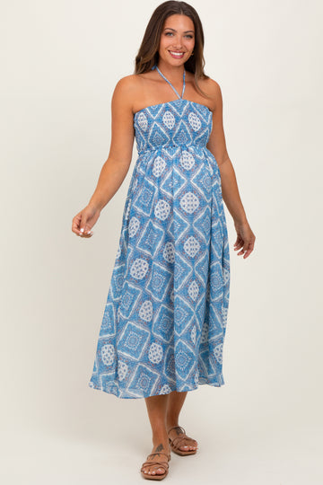 Blue Printed Smocked Halter Maternity Midi Dress