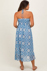 Blue Printed Smocked Halter Maternity Midi Dress