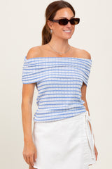 Blue Off The Shoulder Striped Top