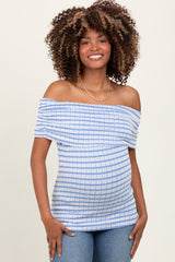 Blue Off The Shoulder Striped Maternity Top