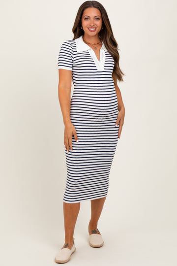Ivory Striped Knit Collared Maternity Midi Dress