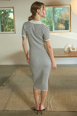 Ivory Striped Knit Collared Midi Dress