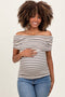 Beige Off The Shoulder Striped Maternity Top