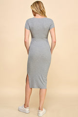 Gray Striped Button Square Neck Dress