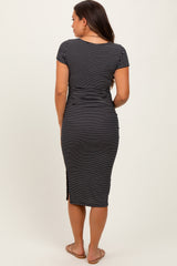 Black Striped Button Square Neck Maternity Dress