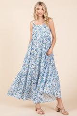 Blue Floral Sleeveless Tiered Maxi Dress