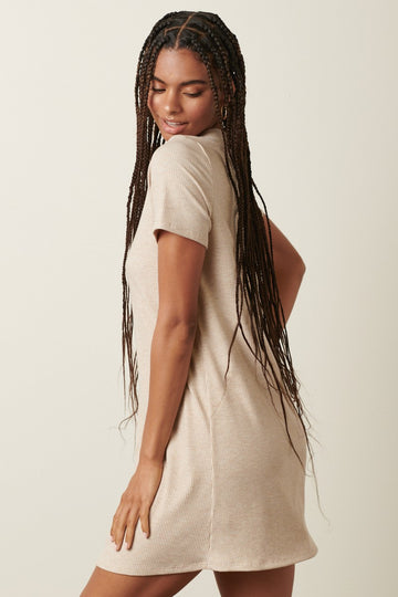 Beige Ribbed Knit Basic Short Sleeve T-Shirt Dress