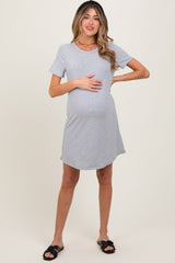 Heather Grey Ribbed Knit Basic Short Sleeve Maternity T-Shirt Dress