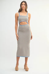 Aqua Chevron Knit Cutout Fitted Midi Dress