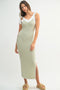 Light Olive Chevron Knit Shoulder Tie Midi Dress