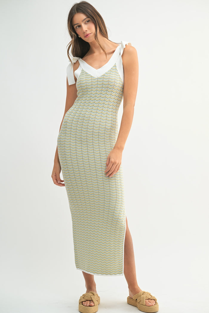 Light Olive Chevron Knit Shoulder Tie Midi Dress