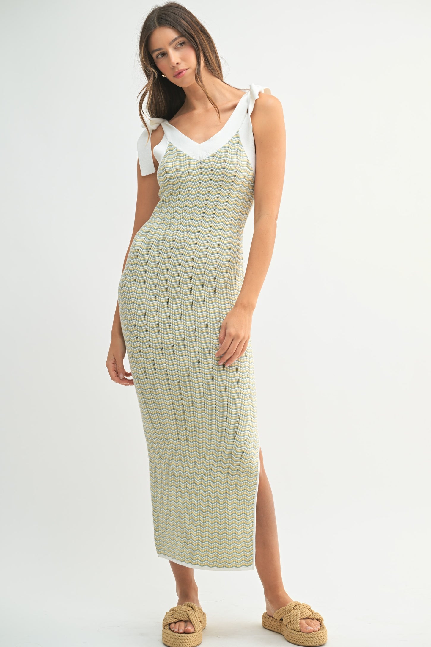 Light Olive Chevron Knit Shoulder Tie Maternity Midi Dress