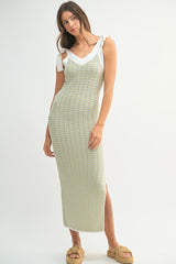 Light Olive Chevron Knit Shoulder Tie Maternity Midi Dress