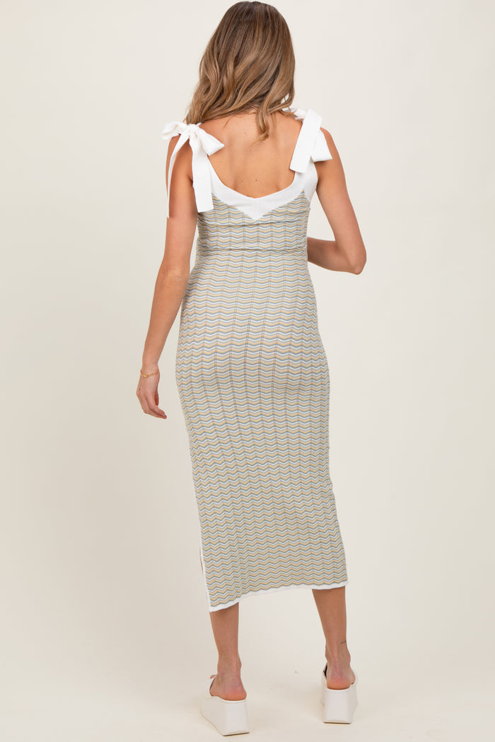 Light Olive Chevron Knit Shoulder Tie Maternity Midi Dress