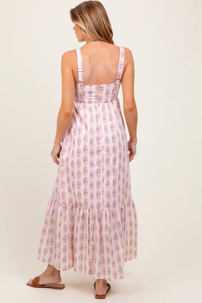 Pink Floral Print Ruffle Hem Maternity Maxi Dress